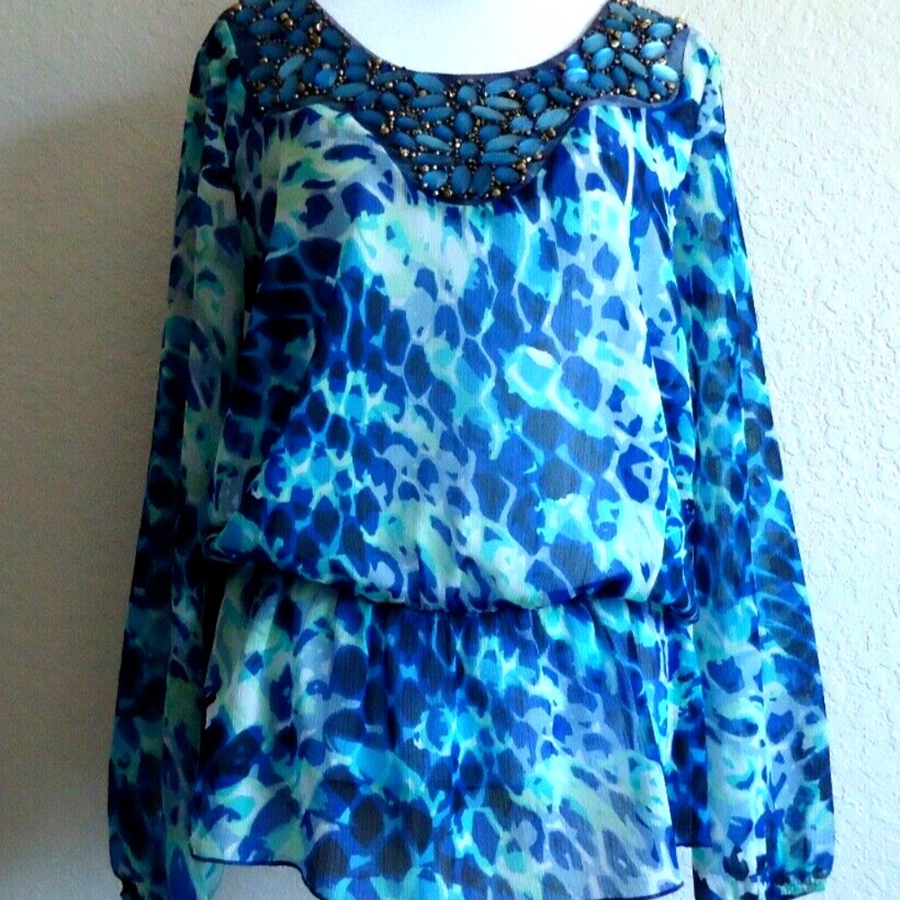 Vintage Cache  blue embroidered multi print tunic rhinestones size-Small
